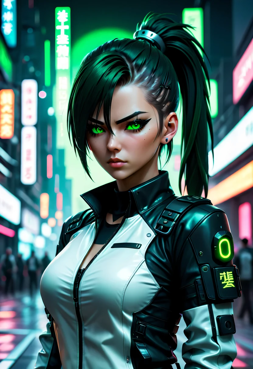 (masterpiece, best quality, 8k, sharp focus, depth of field, best shade, perfect lighting, human development report, Realistic skin texture, Super detailed background), anime style, long angle shot, ((Cyberpunk theme)), alone, 1 female, She is a mercenary, (green eyes, White skin, Black hair ponytail, collar, small breasts, Slim, cosmetic, Eyeliner, Gloss), She works in a futuristic city in South Korea, Grip the technical katana, night, Sky, waning moon, Wearing a nice technical jacket and leather pants.