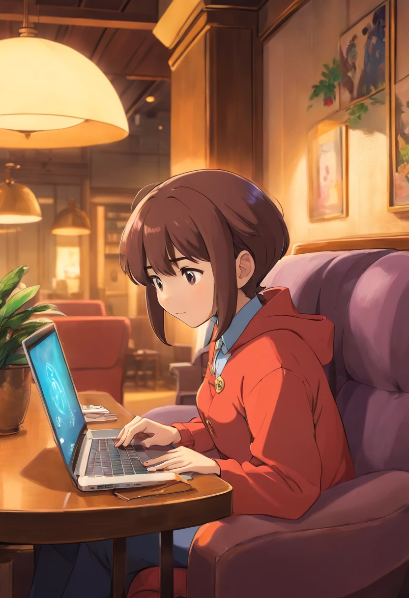 A close-up image of a young business person working on their laptop in a comfortable lounge area of a coworking center, surrounded by plush seating and soft lighting, evoking a sense of relaxation and productivity.