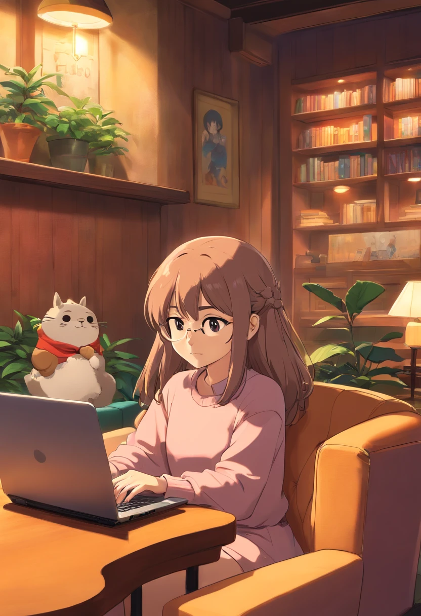 A close-up image of a young business person working on their laptop in a comfortable lounge area of a coworking center, surrounded by plush seating and soft lighting, evoking a sense of relaxation and productivity.