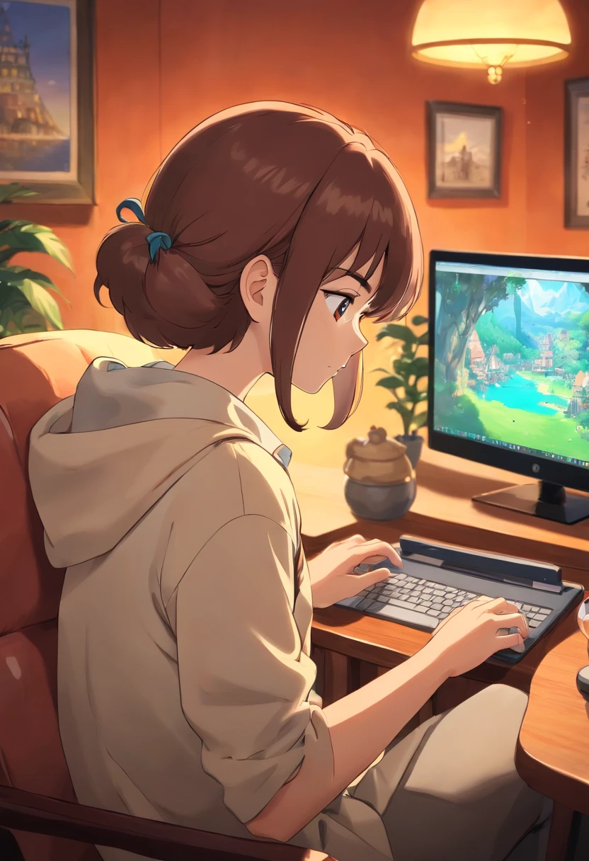 A close-up image of a young business person working on their laptop in a comfortable lounge area of a coworking center, surrounded by plush seating and soft lighting, evoking a sense of relaxation and productivity.