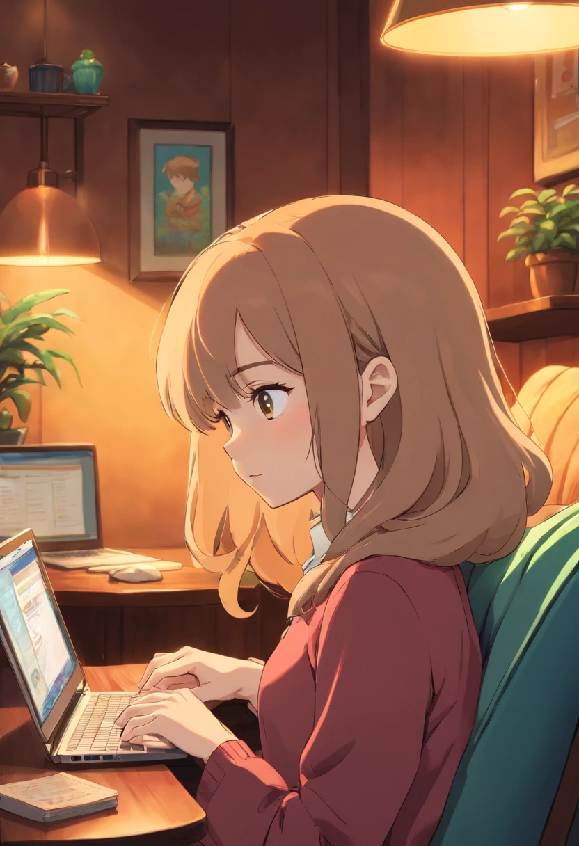 A close-up image of a young business person working on their laptop in a comfortable lounge area of a coworking center, surrounded by plush seating and soft lighting, evoking a sense of relaxation and productivity.