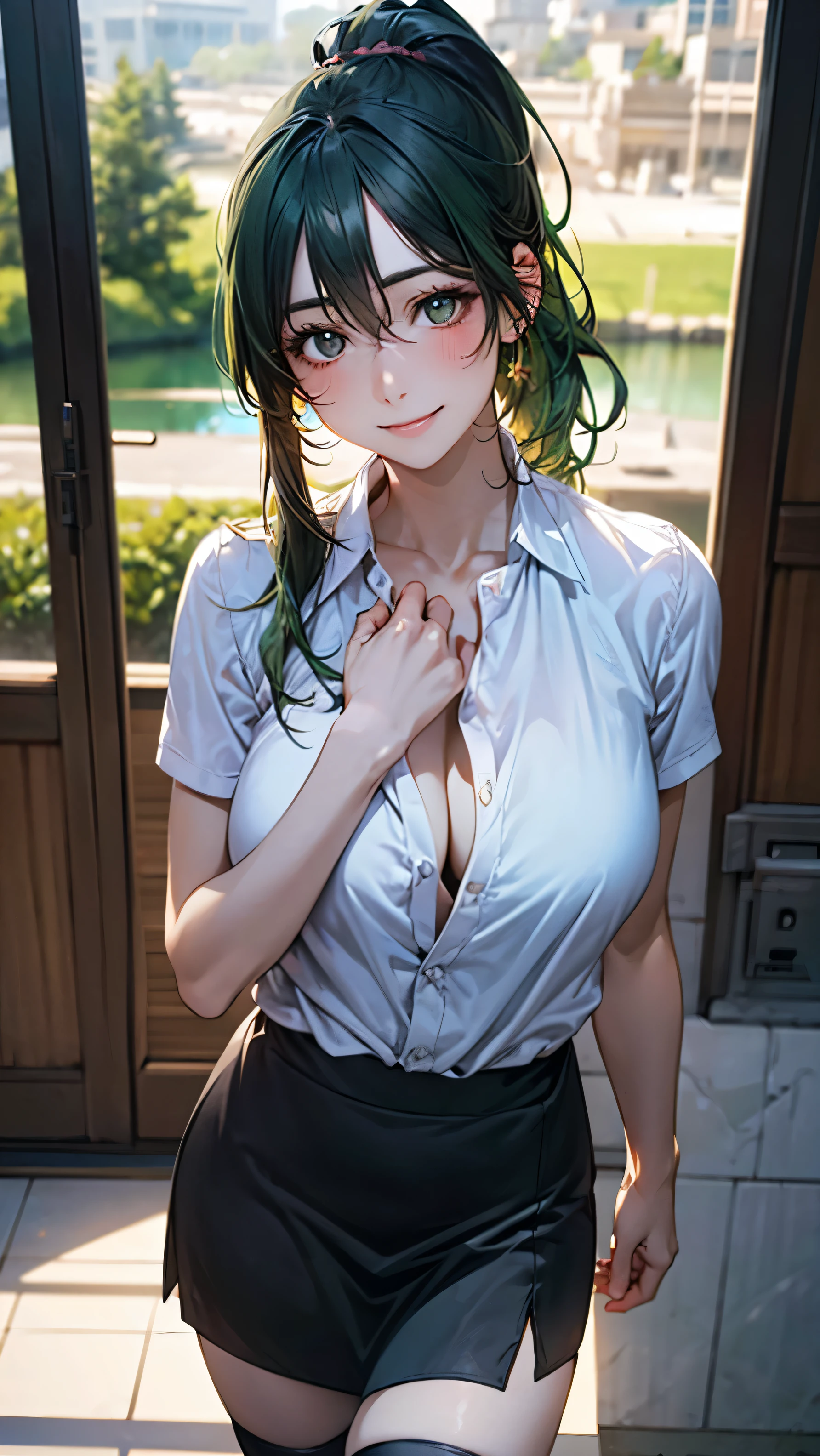 (masterpiece:1.2, top-quality), (realistic, photorealistic:1.4), beautiful illustration, (natural side lighting, movie lighting),
looking at viewer, cowboy shot, front view:0.6, 1 girl, japanese, adult woman, perfect face, cute and symmetrical face, shiny skin,
(middle hair:1.5, ponytail:1.7, light green hair), hair between eyes, dark green eyes, long eye lasher, (large breasts:0.9, thick thighs),
beautiful hair, beautiful face, beautiful detailed eyes, beautiful clavicle, beautiful body, beautiful chest, beautiful thigh, beautiful legs, beautiful fingers,
((black skirt, black stockings, unbuttoned white shirt)), black hair ribbon, pink panties,
(beautiful scenery), evening, riverside, walking, hands on chest, (excited face, very happy),
