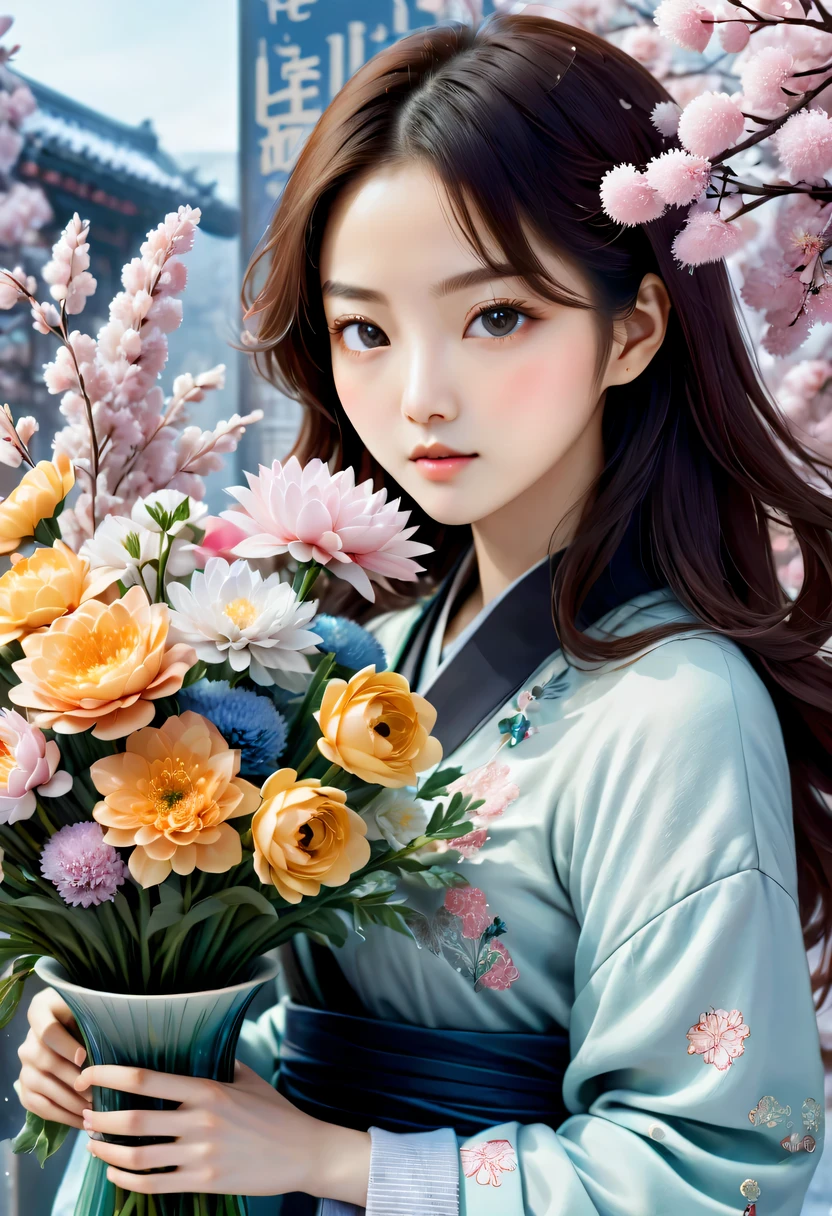 Close-up of a woman holding a vase, There are flowers, magazine photograph, author：Ayami Kojima, official artwork, jinyoung shin, There are frozen flowers around her, author：incredible, Dilireba, Nam Jae Hwa, first wave, Huang Shishi, mackenzie foy, author：Zhang Han, Parking distance - minutes, by Jin Nong