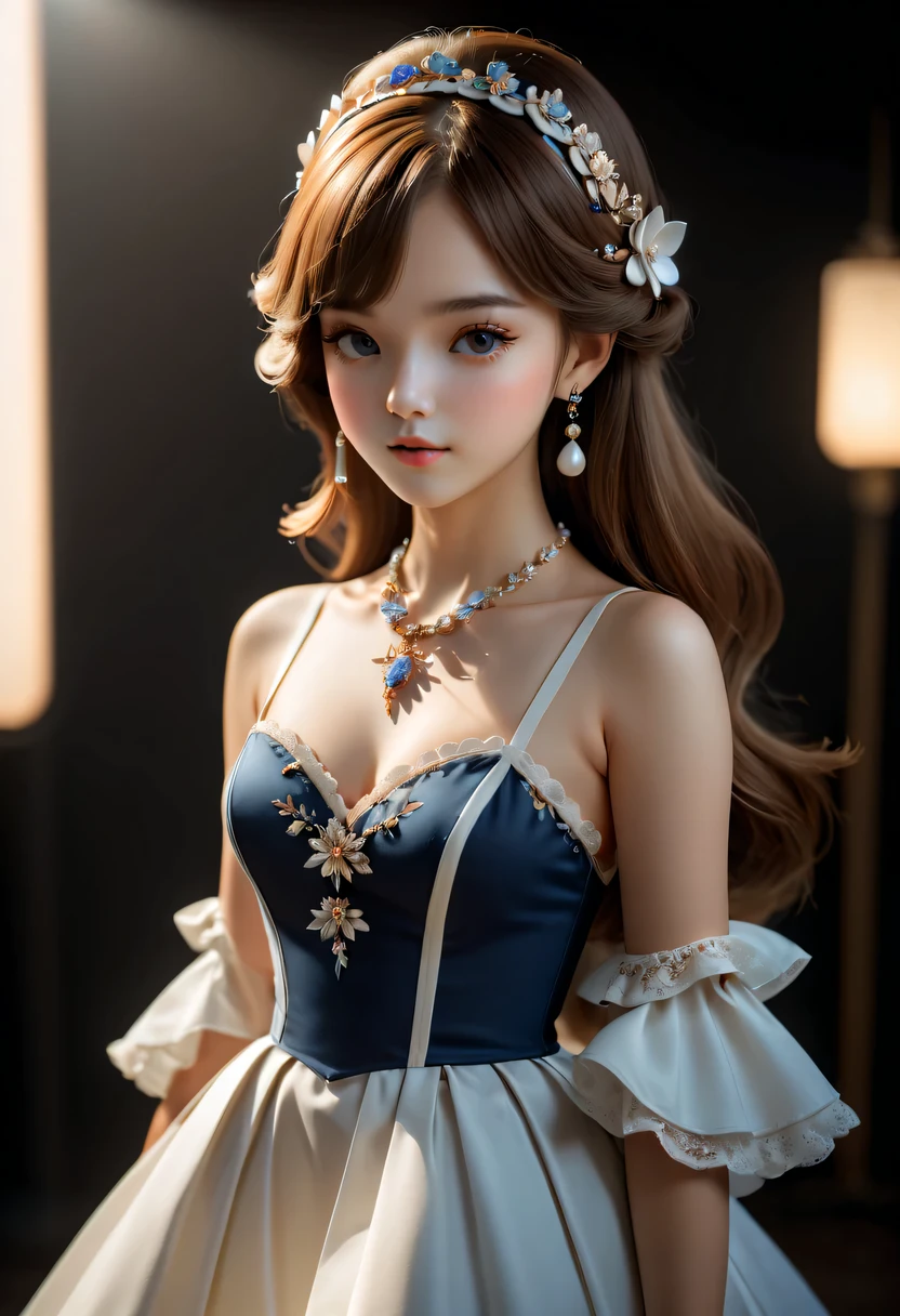 best quality, masterpiece, high resolution, 1 girl, Porcelain dress, hair accessories, necklace, jewelry, pretty face, Physically, Tyndall effect, actual, shadow studio, edge lighting, Two-tone lighting, (High detail skin: 1.2), 8k ultra high definition, SLR camera, soft light, high quality, Volumetric light, , photo, high resolution, 4K, 8k, background blur,
