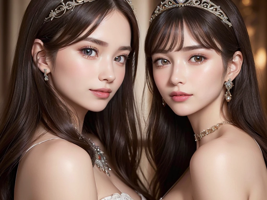(best quality, 8K, masterpiece)), ultra detailed, sharp focus, ((ultra realistic photo)), beautiful woman, 18yo, elaborate design dress, gorgeous jewery, tiara, highly detailed face and skin texture, ((detailed eyes)), ((beautiful eyes:1.4)), (smile:1.15), (closed mouth), three-quarter length, (2girls, soulmate, eye contact, cheek to cheek, kiss:1.2)