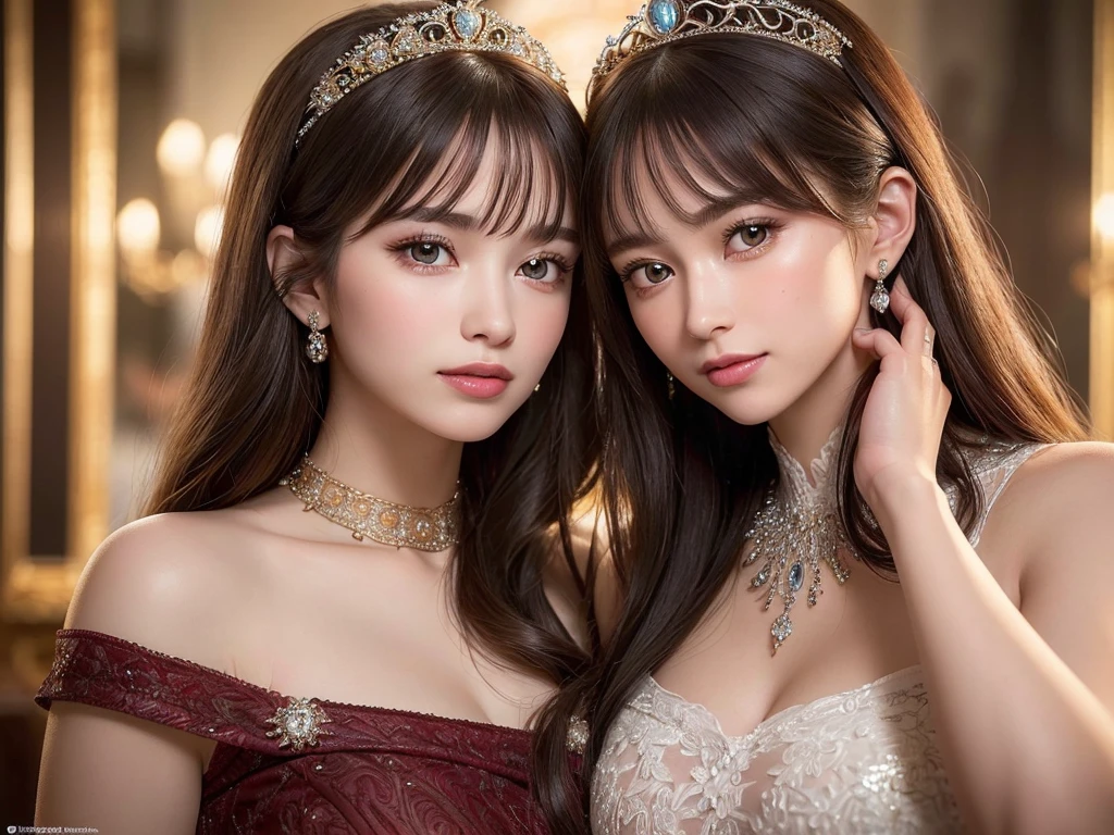 (best quality, 8K, masterpiece)), ultra detailed, sharp focus, ((ultra realistic photo)), beautiful woman, 18yo, elaborate design dress, gorgeous jewery, tiara, highly detailed face and skin texture, ((detailed eyes)), ((beautiful eyes:1.4)), (smile:1.15), (closed mouth), three-quarter length, (2girls, soulmate, eye contact, cheek to cheek, kiss:1.2)
