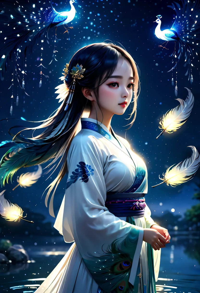 best quality, (masterpiece:1.35), wallpaper, (illustration), original,(depth of field), 1 girl, alone,whole body,hanfu,Chinese clothes,white dress,water,firefly,night,starry sky, jewelry,There are feathers on the clothes,Peacock feathers, light particles,Volumetric lighting,Ray tracing,