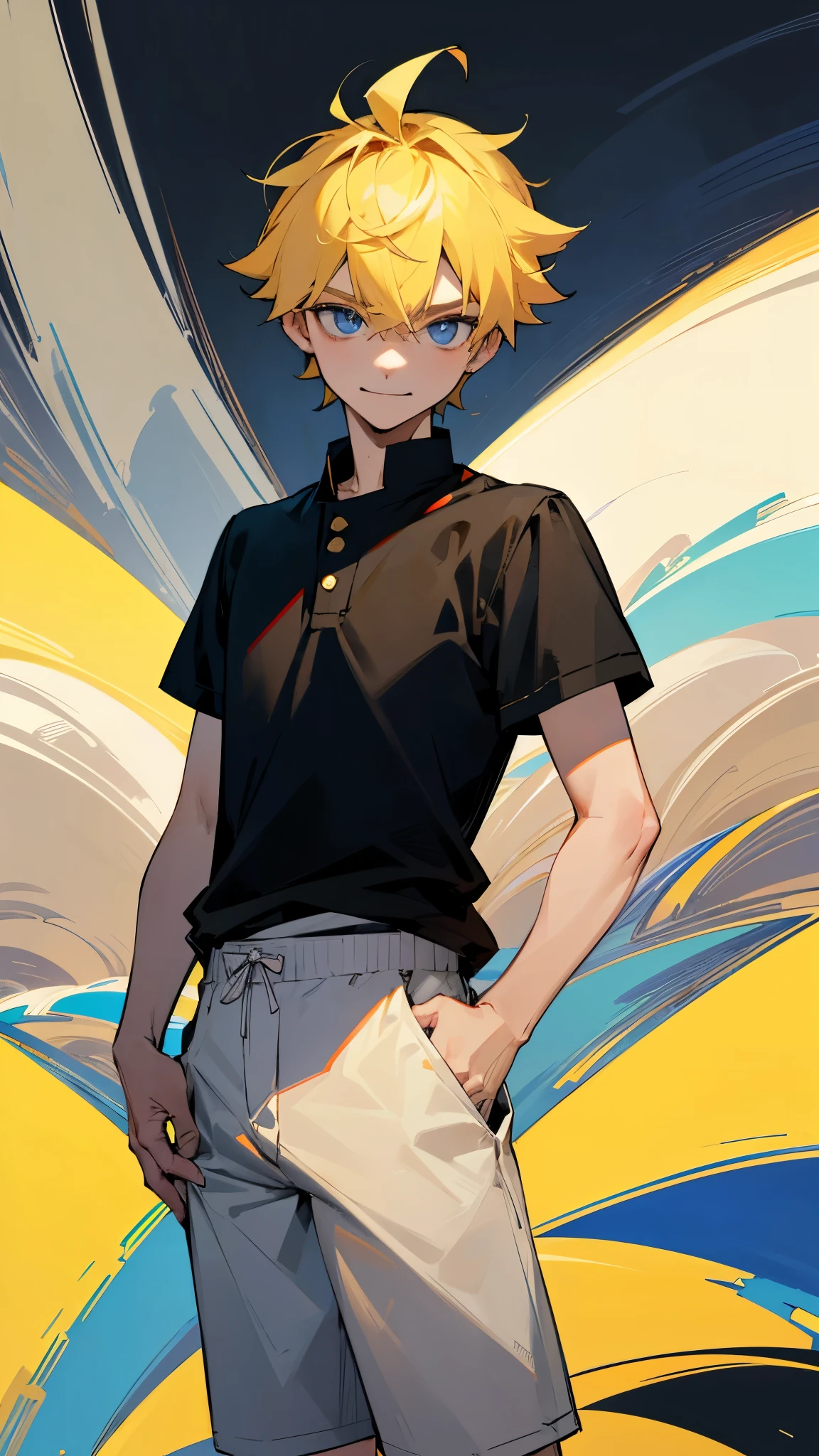 highres,wallpaper,solo,,1 boy,original,illustration,blue eyes,yellow hair,masterpiece,male,male focus,boy, ((masterpiece)),(((best quality))), (high-quality, breathtaking), (expressive eyes, perfect face), 1boy, solo,male,smirk,shorts,erect under pants,black t-shirt :1.1,shorts,少年，胯部隆起:1.2，街景