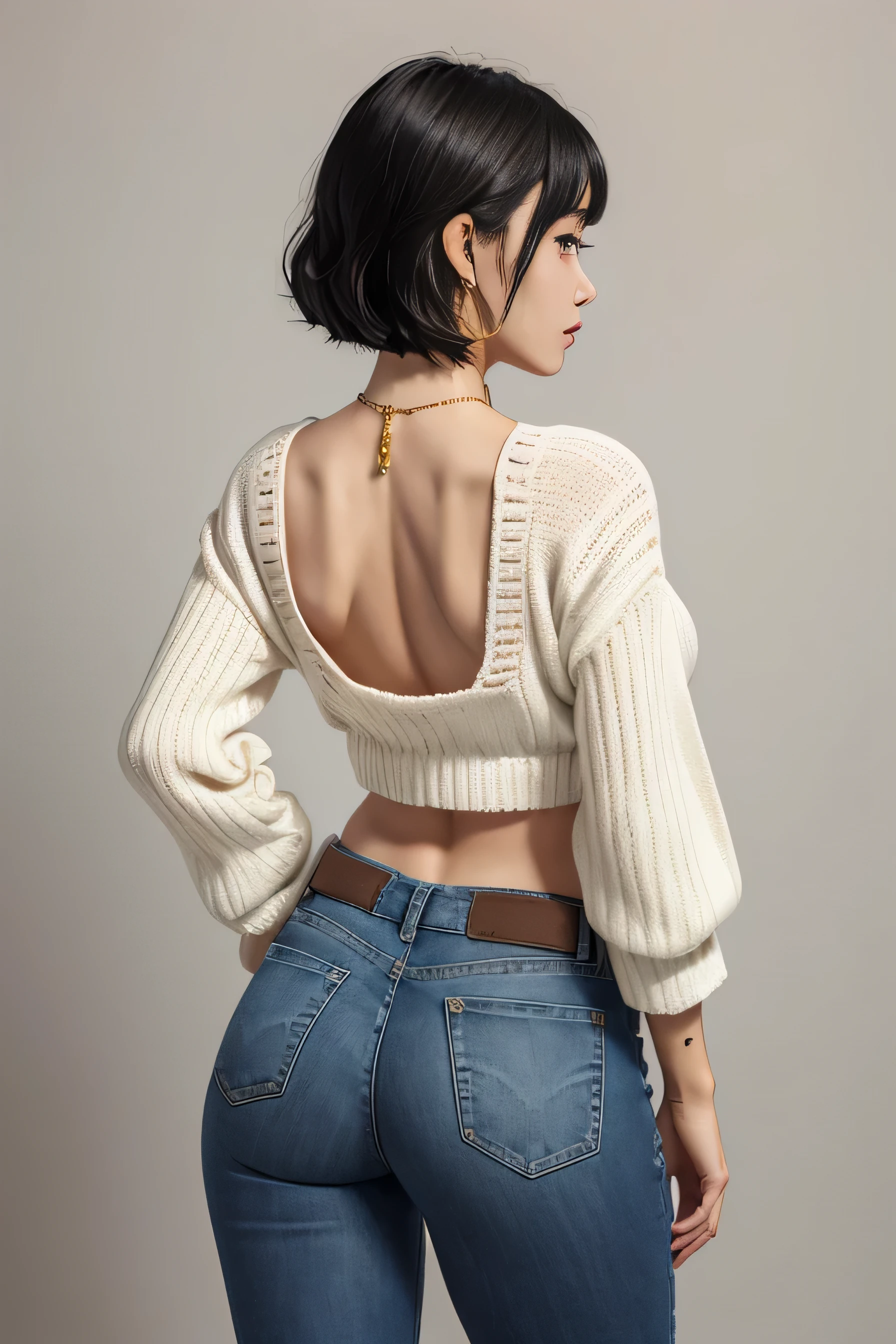 highest quality、High resolution、(Japanese)、27 years old、1 girl、(full body photo)、(looked back)、((cute hips))、((緊張したbutt))、((Proud hips))、((Model Hip))、solo、(black eye、black haired)、internal、(White Long Jeans)、gold necklace、bracelet、(White knitwear)、short hair、short sleeve、earrings、(flat bust),(Breasts are less noticeable),(Remains:1.3)、sprawl、From the back、butt、