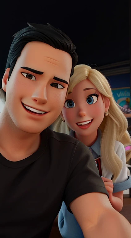 A young man with black hair and a blonde girl in the Disney Pixar style restaurant, alta qualidade, melhor qualidade