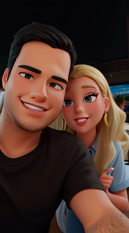 A young man with black hair and a blonde girl in the Disney Pixar style restaurant, alta qualidade, melhor qualidade