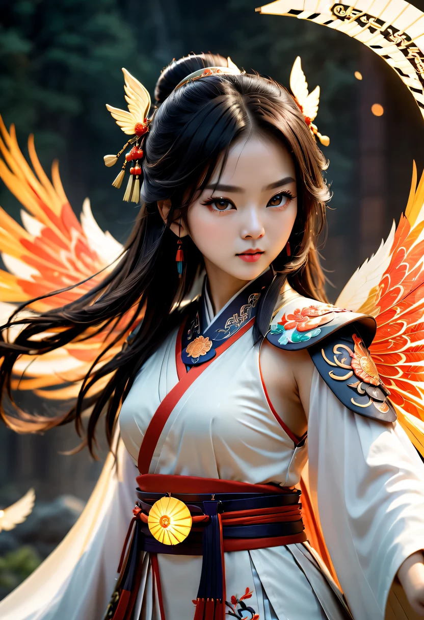 best quality, masterpiece, high resolution, 1 girl, Ancient Chinese battlefield background, Gouves style artwork, white hanfu, cape, metal collar, hair accessories, necklace, jewelry, pretty face, more than_Body, Tyndall effect, actual, dark studio, edge lighting, Two-tone lighting, (High detail skin:1.2), 8k ultra high definition, SLR camera, soft light, high quality, Volumetric lighting, frank, photo, high resolution, 4K, 8k, Bokeh, full Body fairy, folding fan, Phoenix embroidered on chest, Naked arms, arms, Short wrist guards, , arms