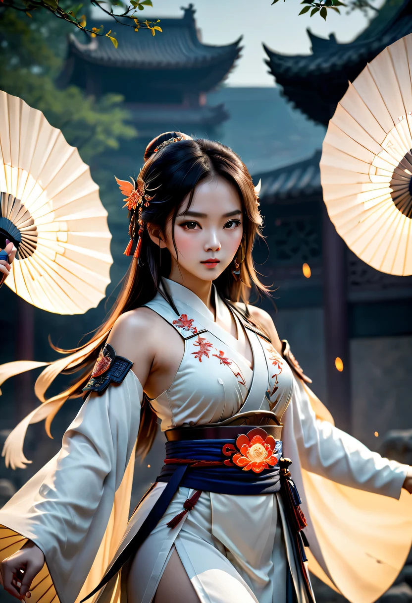 best quality, masterpiece, high resolution, 1 girl, Ancient Chinese battlefield background, Gouves style artwork, white hanfu, cape, metal collar, hair accessories, necklace, jewelry, pretty face, more than_Body, Tyndall effect, actual, dark studio, edge lighting, Two-tone lighting, (High detail skin:1.2), 8k ultra high definition, SLR camera, soft light, high quality, Volumetric lighting, frank, photo, high resolution, 4K, 8k, Bokeh, full Body fairy, folding fan, Phoenix embroidered on chest, Naked arms, arms, Short wrist guards, , arms