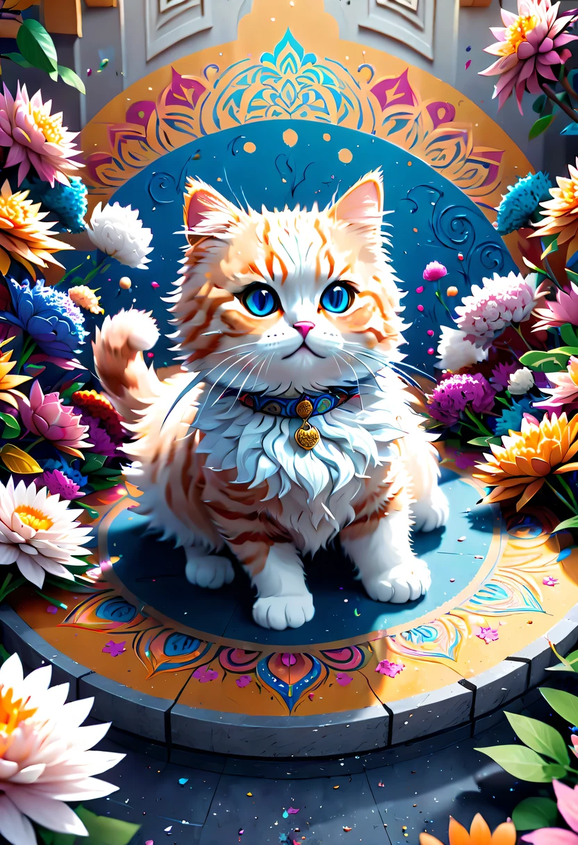 official art, unified 8k wallpaper, super detailed, Beautiful and beautiful, masterpiece, best quality, actual, (zencontroversy, mandala, controversy, encontroversy), view from above, (cute cat:1.5), Very detailed, dynamic angle, Chaos in its most beautiful form, elegant, brutalist design, bright colors, ,  strokes of flowers