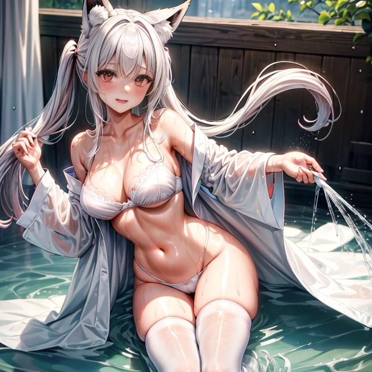 masterpiece、top-quality、1girl in。(bathrobe:1.2), white hair,Red Eyes,(mare:0.8), (Fantastical:0.7), (A smile:0.8),fox ear,salon,wear bra, wear dress , wet clothes,wet hanging,salon, perfect body, perfect breast,((blush on: 1.2)),((fox-tails:1)), perfect big fox-tails, crop top, ((white legwear)),hair bobbles, tights, recumbent on the bed, hot, girl below, looking up,(( Wear dress)), white suit,((wet:1.3)), neckline, navel, t-shirt, ((bra)), clothes lift, tights, perfect face,((peeing:1.4)),wear pantie, perfect breast, perfect body