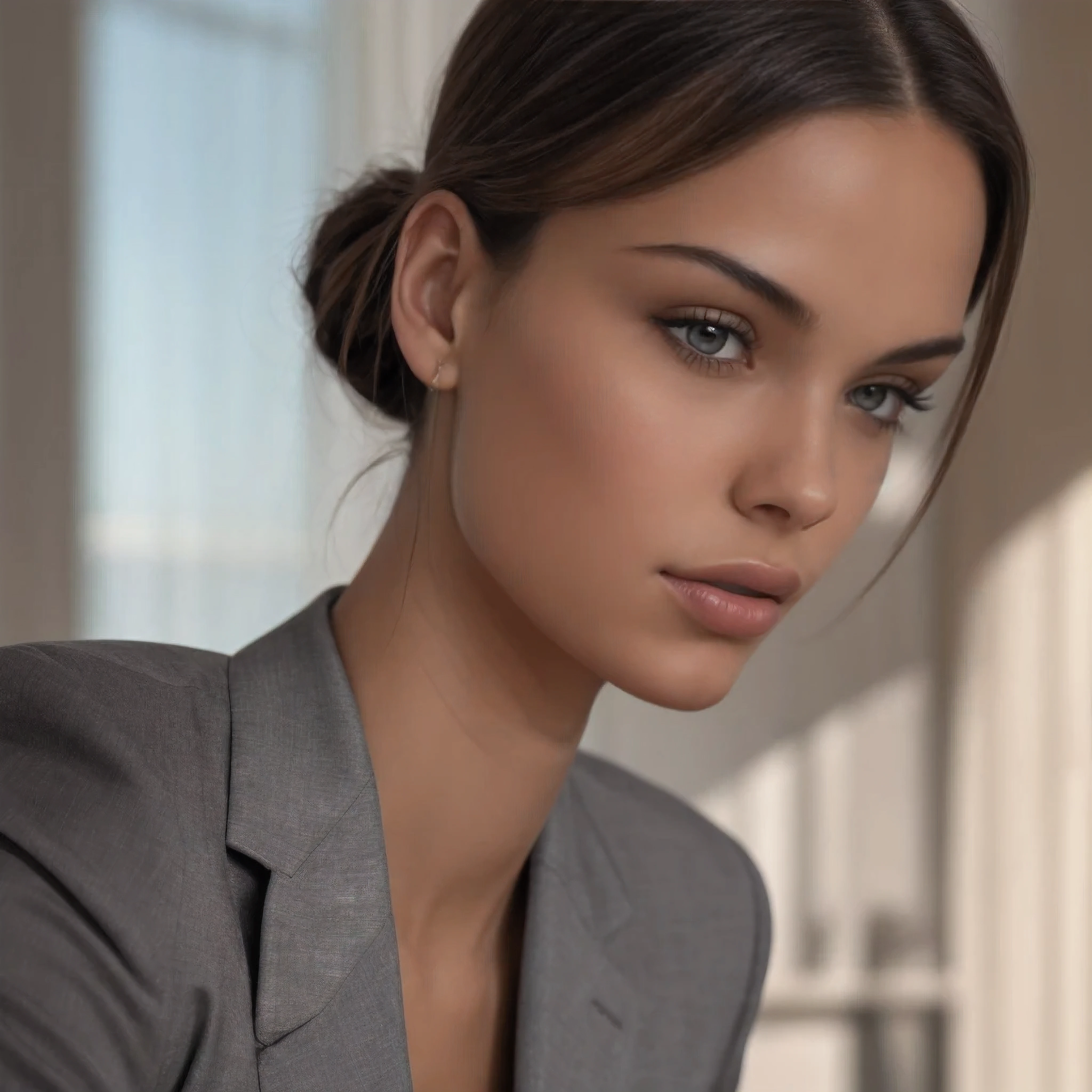 1girl, Upper body selfie of gorgeous white girl . slicked top hair bun . She wearing tight elegant two parts business suit. Location is luxury hotel  . Cinematic lighting, Masterpiece,  Highly detailed, realistic skin texture, smooth complexion, natural-looking hair, Best quality, High res, Award winning photography, Intricate details,  Image fill, Sharp focus, 1080p,8k, Luxury atmosphere,  Art by famous photographer, trending on art station 