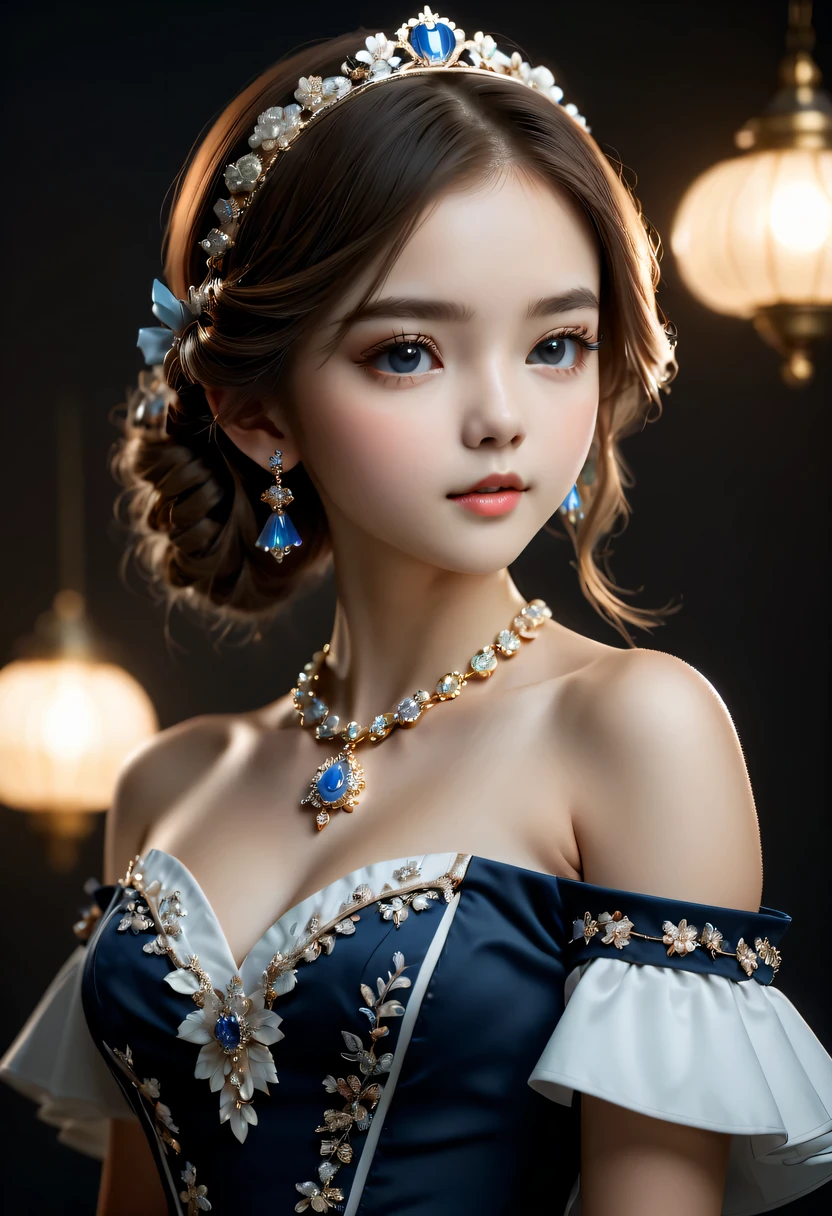 best quality, masterpiece, high resolution, 1 girl, Porcelain dress, hair accessories, necklace, jewelry, pretty face, Physically, Tyndall effect, actual, dark studio, edge lighting, Two-tone lighting, (High detail skin: 1.2), 8k ultra high definition, SLR camera, soft light, high quality, Volumetric light, frank, photo, high resolution, 4K, 8k, background blur,