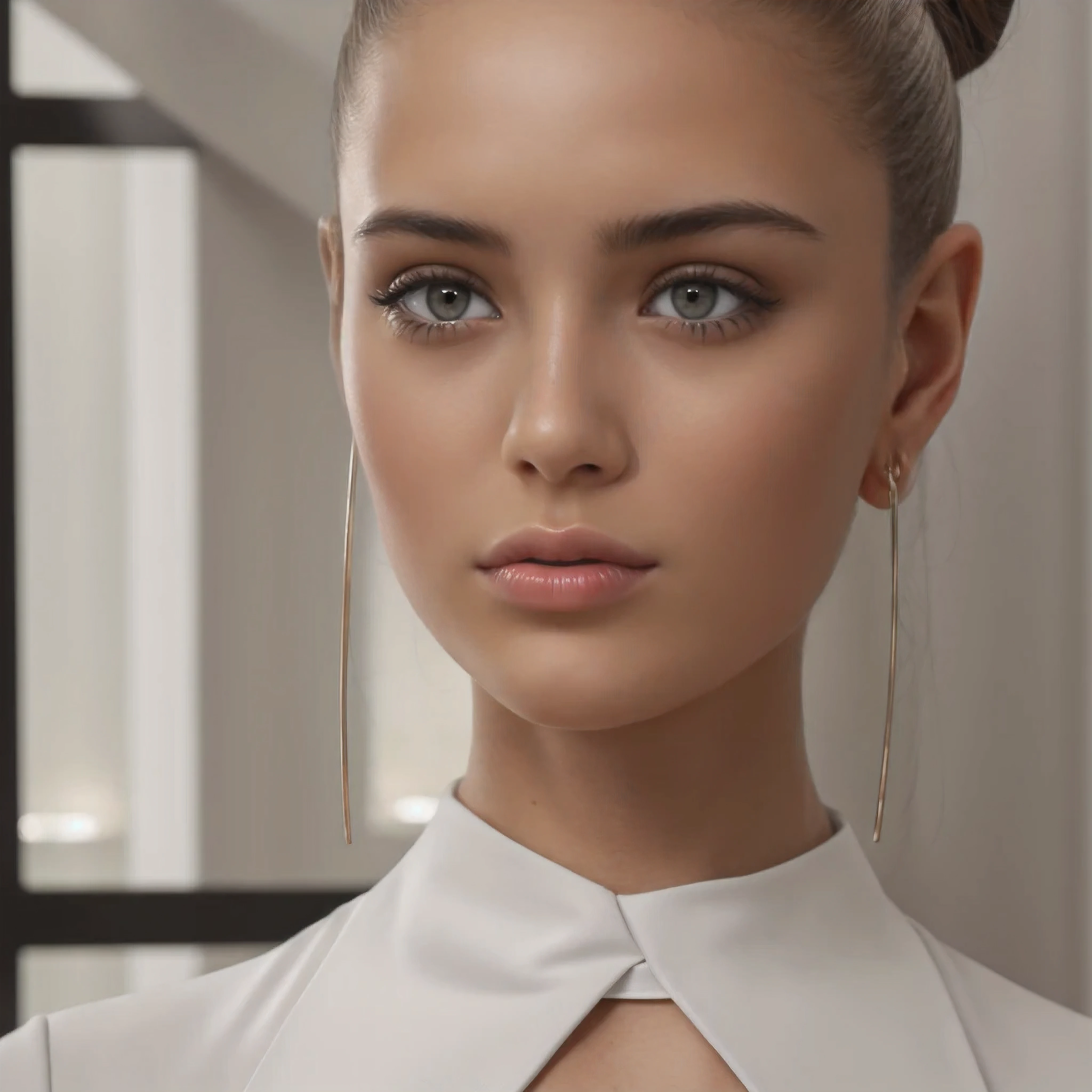 1girl, Upper body selfie of gorgeous white girl . slicked top hair bun . She wearing tight elegant two parts business suit. Location is luxury hotel  . Cinematic lighting, Masterpiece,  Highly detailed, realistic skin texture, smooth complexion, natural-looking hair, Best quality, High res, Award winning photography, Intricate details,  Image fill, Sharp focus, 1080p,8k, Luxury atmosphere,  Art by famous photographer, trending on art station 