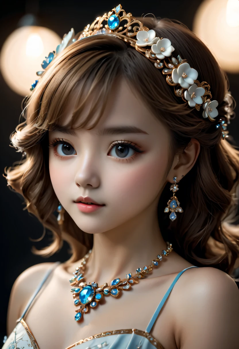 best quality, masterpiece, high resolution, 1 girl, Porcelain dress, hair accessories, necklace, jewelry, pretty face, Physically, Tyndall effect, actual, dark studio, edge lighting, Two-tone lighting, (High detail skin: 1.2), 8k ultra high definition, SLR camera, soft light, high quality, Volumetric light, frank, photo, high resolution, 4K, 8k, background blur,