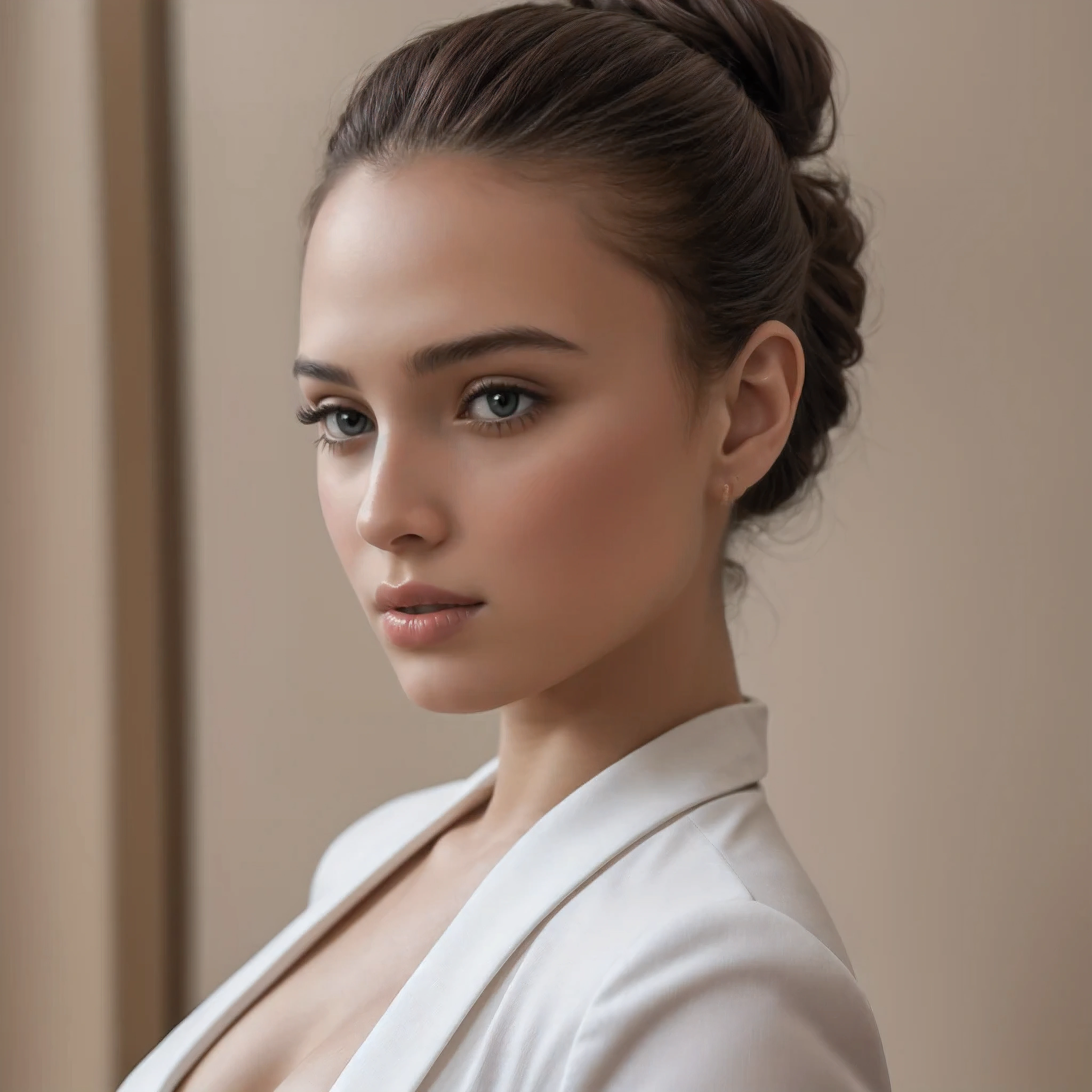 1girl, Upper body selfie of gorgeous white girl . slicked top hair bun . She wearing tight elegant two parts business suit. Location is luxury hotel  . Cinematic lighting, Masterpiece,  Highly detailed, realistic skin texture, smooth complexion, natural-looking hair, Best quality, High res, Award winning photography, Intricate details,  Image fill, Sharp focus, 1080p,8k, Luxury atmosphere,  Art by famous photographer, trending on art station 