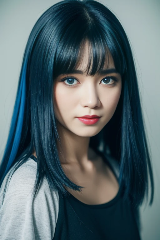 Close de uma mulher de camiseta posando para foto, sorriso sadico, cabelo cacheado, cabelo ondulado,  Middle metaverse, Yoshitomo Nara, Modelos Japoneses, beautiful asian girl, com cabelo curto, 2 modelo feminina de 4 anos, 4k ], 4k], 27 anos de idade, sakimichan, sakimichan, dark blue hair, blue hair, green eyes, black lipstick, goth make up