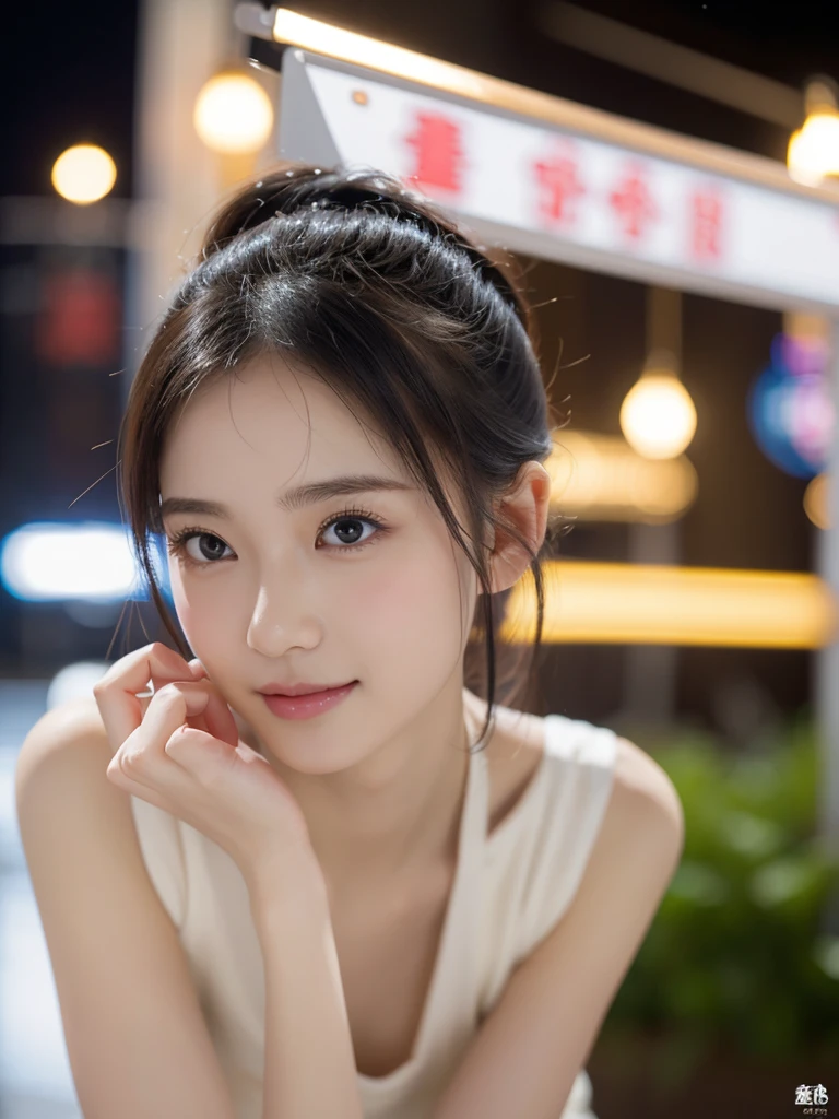 Beautiful portrait of a stunning goddess girl, 紧身皮衣，夜景，漫天星光，(双马尾：1.3),(深V：1.8),（脐，1.4），(透明胸衣：1.6)，性感，霓虹都市，灯光，Slender white long legs，Smile，Beautiful and delicate face, porcelain skin, full-body shot, center, super soft lighting, symmetry, complex, elegant, Very detailed, lifelike, art station, concept art, Smooth，Stand under the sign and wait for the bus，Fair face，Faint willow eyebrows，The eyes are not big, but they reveal her inner world，The small nose and small mouth are also extremely iconic。The ponytail from one tail to the top adds a bit of beauty。Delicate shape，elegant姿态，Slightly shy conversation，People can't help but feel a little pity when they see it。This is clearly a beautiful jasmine flower，White and flawless，Fresh and elegant，Fragrant