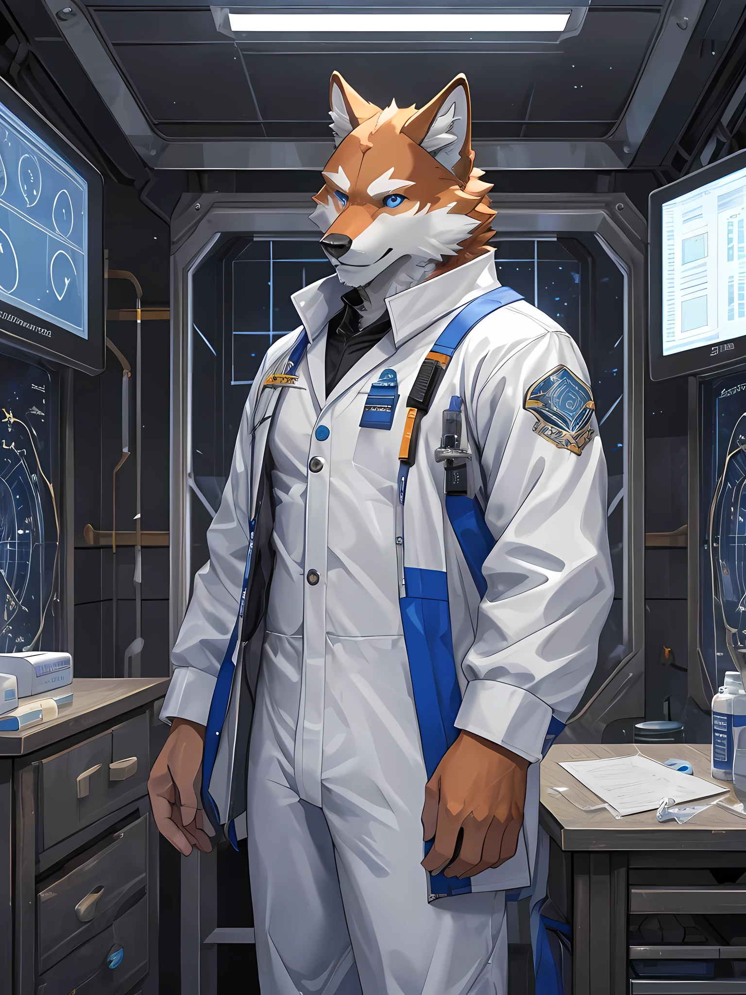 orange fur wolf,Dark blue eyes,Realistic horoscope details,The body is in proportion.,Wear white scientist glue suit 2.0,standing in the laboratory,Looking straight at the bitter person,seductive eyes,Maximum image detail,HDR,8ก
