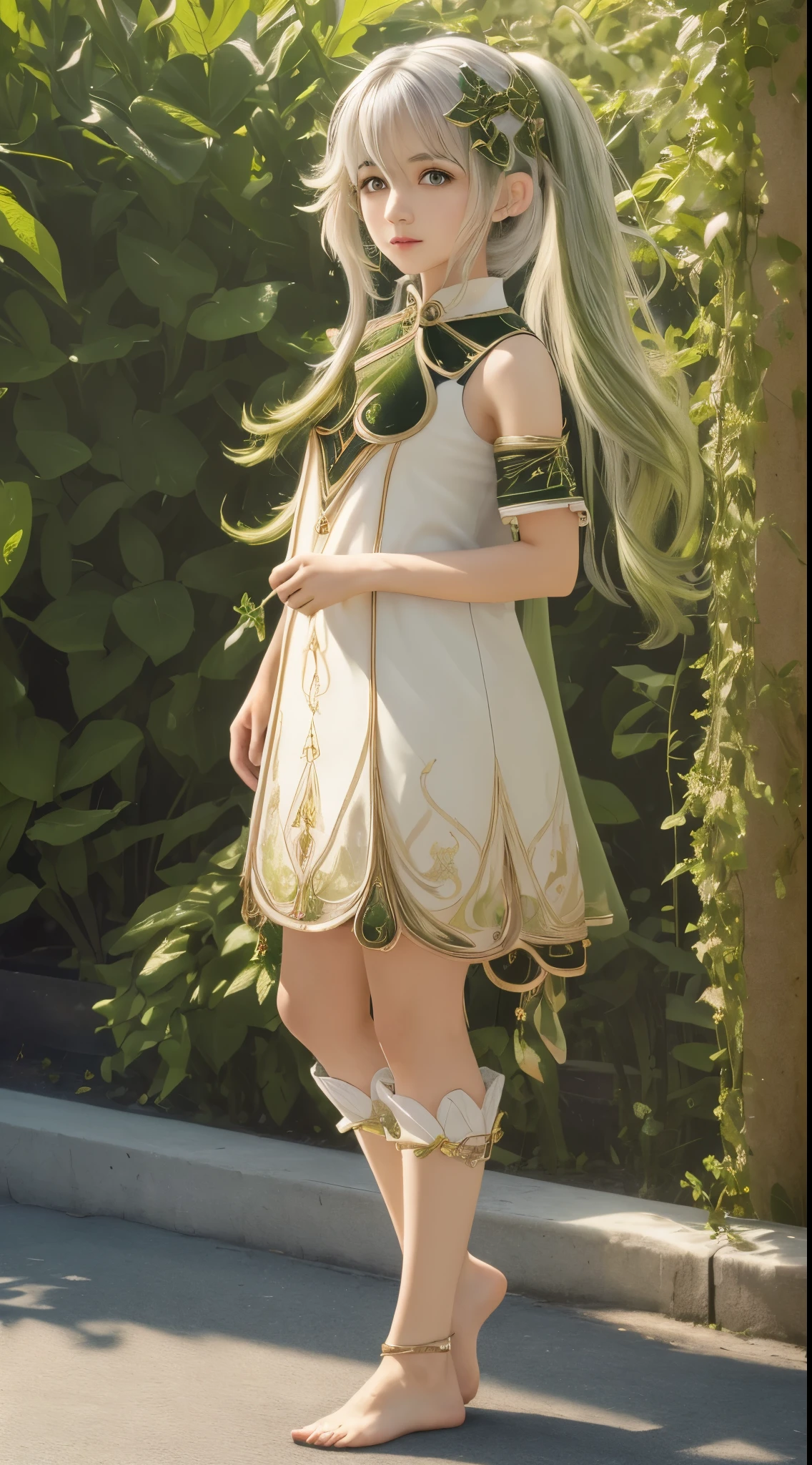 (masterpiece, best quality, ultra-detailed, highres), perfect face, side lighting, glossy skin, standing upright,
(bloom), (brightness), lighting, ray tracing, sci-fi, city, street, outdoor, depth_of_field,
Nahida (Genshin Impact), Green Eyes, (Hair Ornament), Barefoot, Long Hair, Cherry Petal Swirl