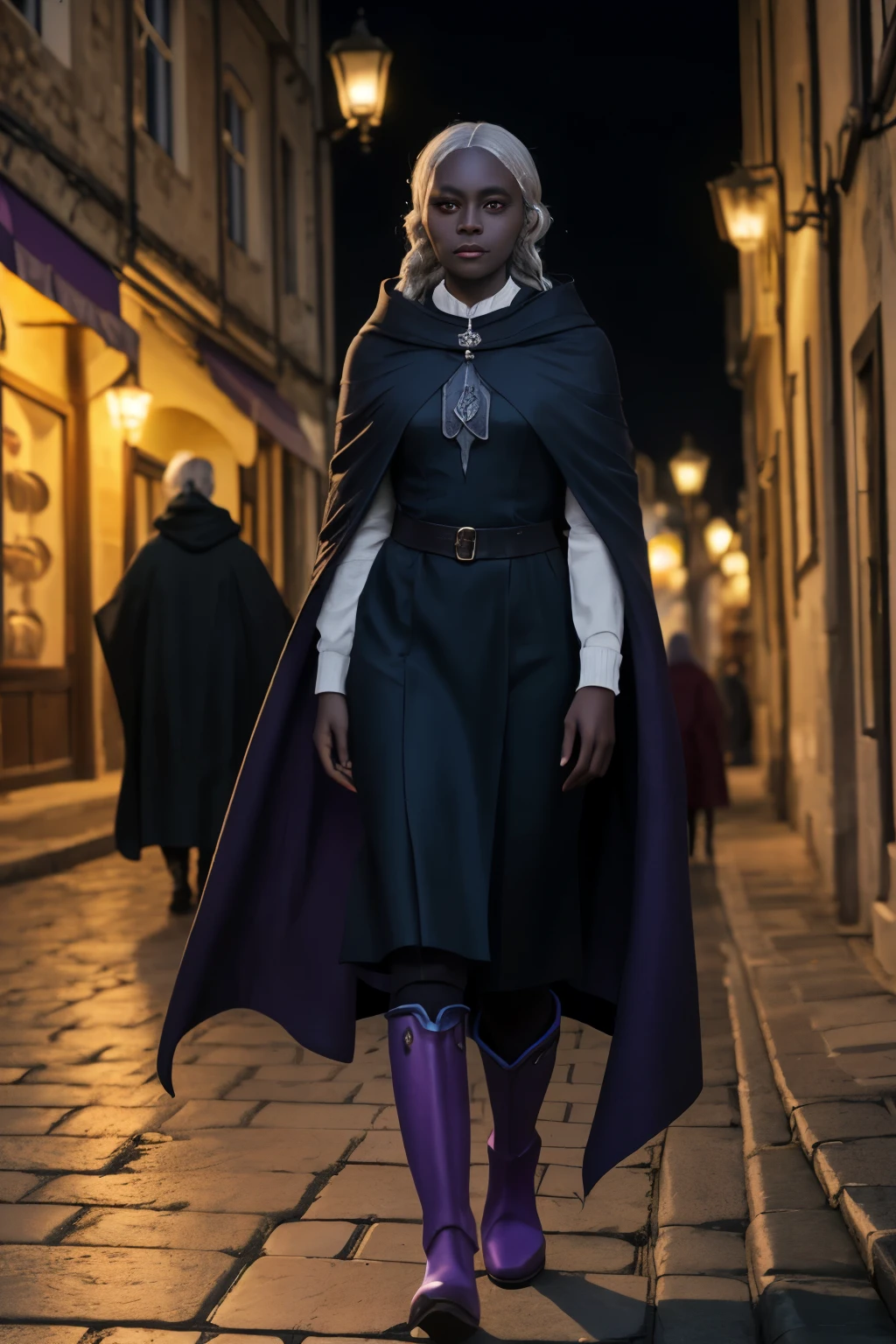 ((Best quality)), ((Drow)), (young woman), perfect face, white hair braided, Purple eyes, Dark Outfit, Cloak, Wellingtons, walks around the city, evening, good lighting, Cold gamma, emphasis on light, Medieval port, Southern City. high detail.