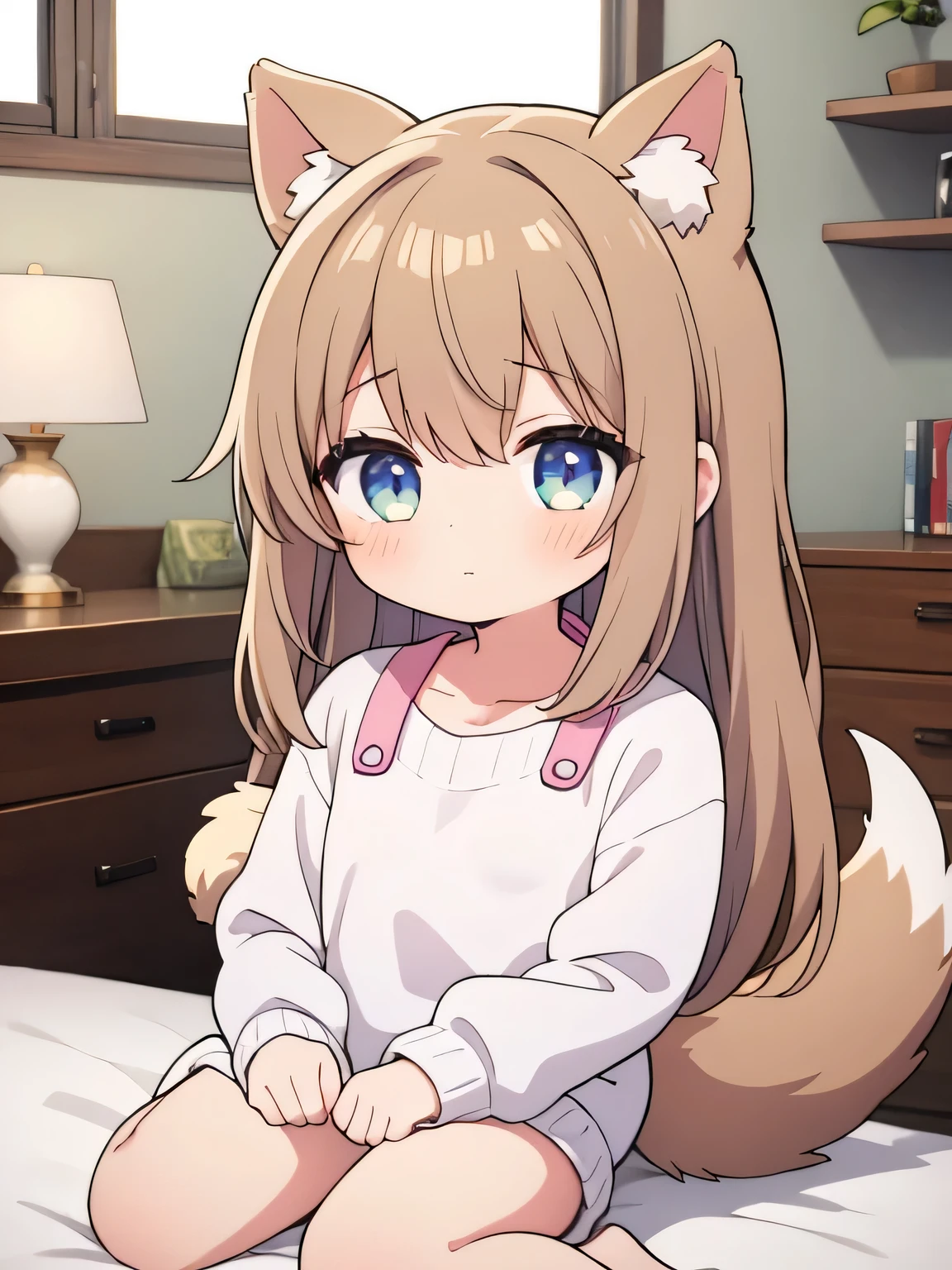 (pastel colour: 1.5),1 girl、light brown hair、long hair、fluffy hair、dog ears、dog tail、sit on top、knit sweater、cute、Wear oversized clothes、sleepy face、I get out of the way、、Lighted interior、warm interior、in house、highest quality、masterpiece
