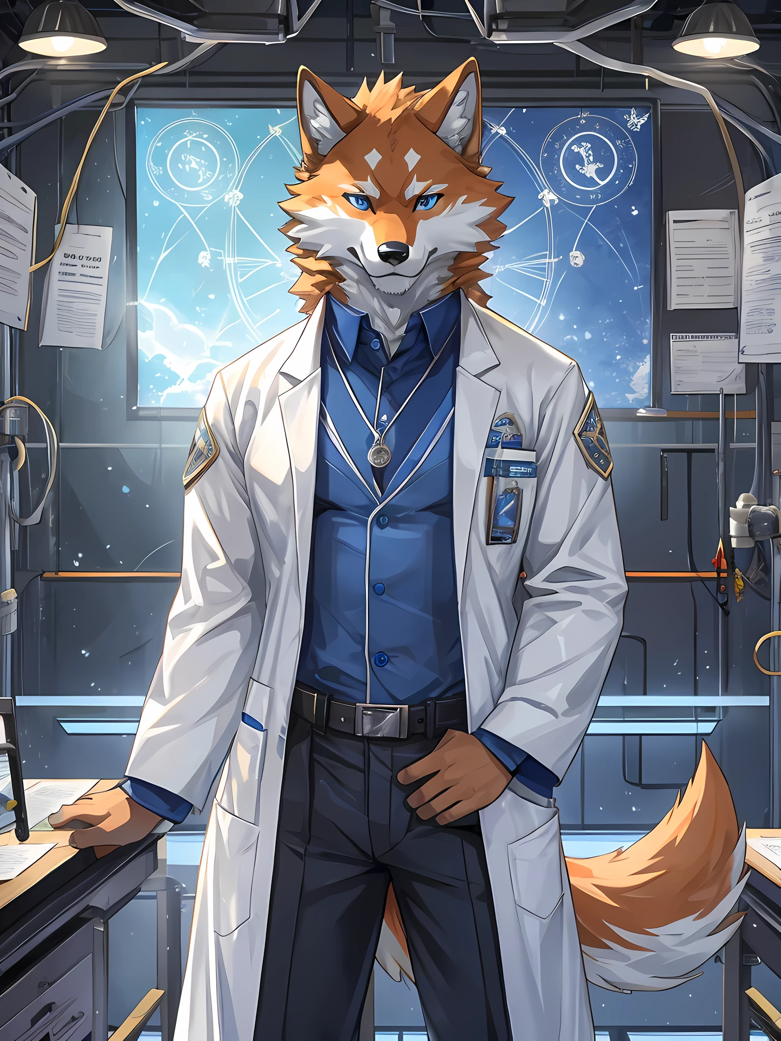 orange fur wolf,Dark blue eyes,Realistic horoscope details,The body is in proportion.,Wear white scientist glue suit 2.0,standing in the laboratory,Looking straight at the bitter person,seductive eyes