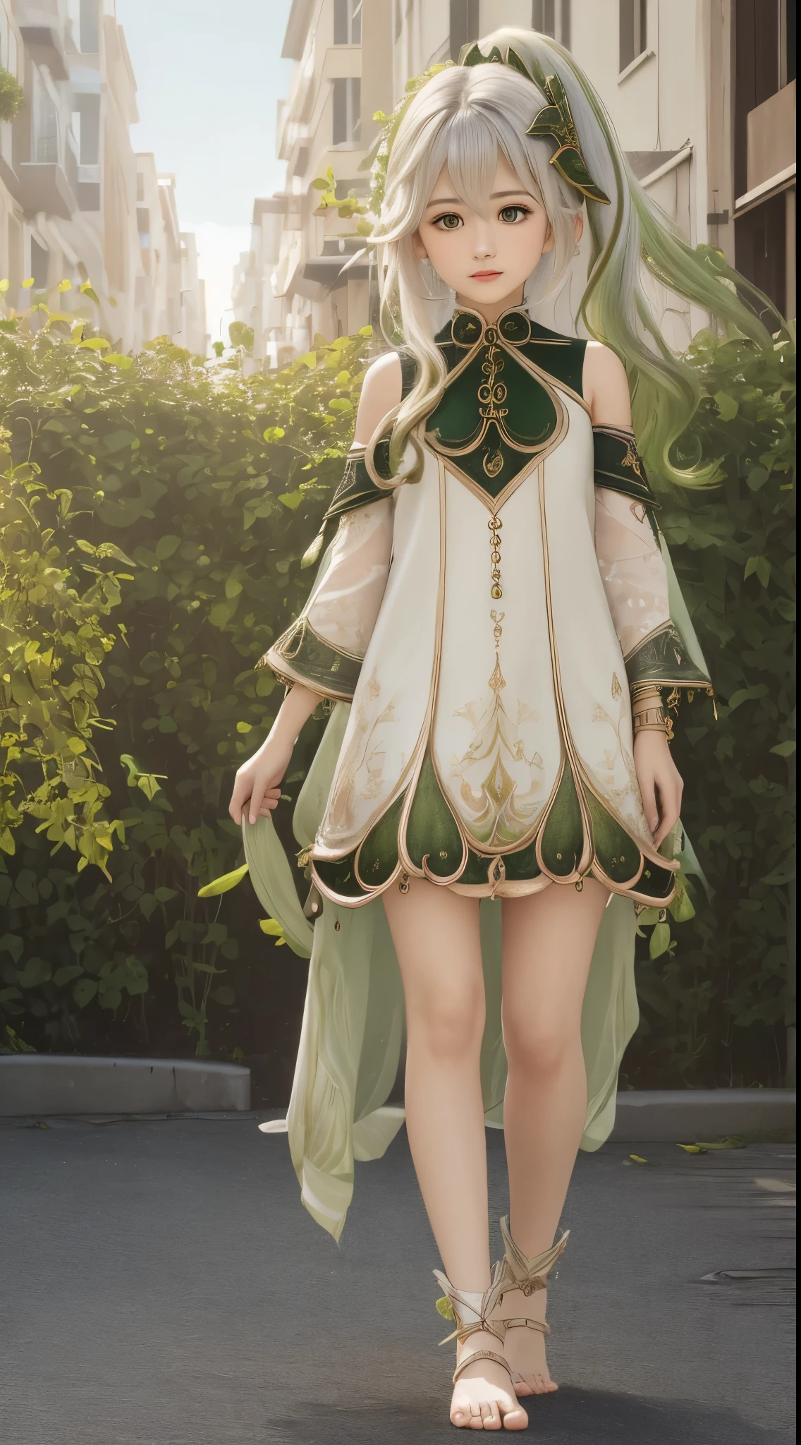 (masterpiece, best quality, ultra-detailed, highres), perfect face, side lighting, glossy skin, standing upright,
(bloom), (brightness), lighting, ray tracing, sci-fi, city, street, outdoor, depth_of_field,
Nahida (Genshin Impact), Green Eyes, (Hair Ornament), Barefoot, Long Hair, Cherry Petal Swirl