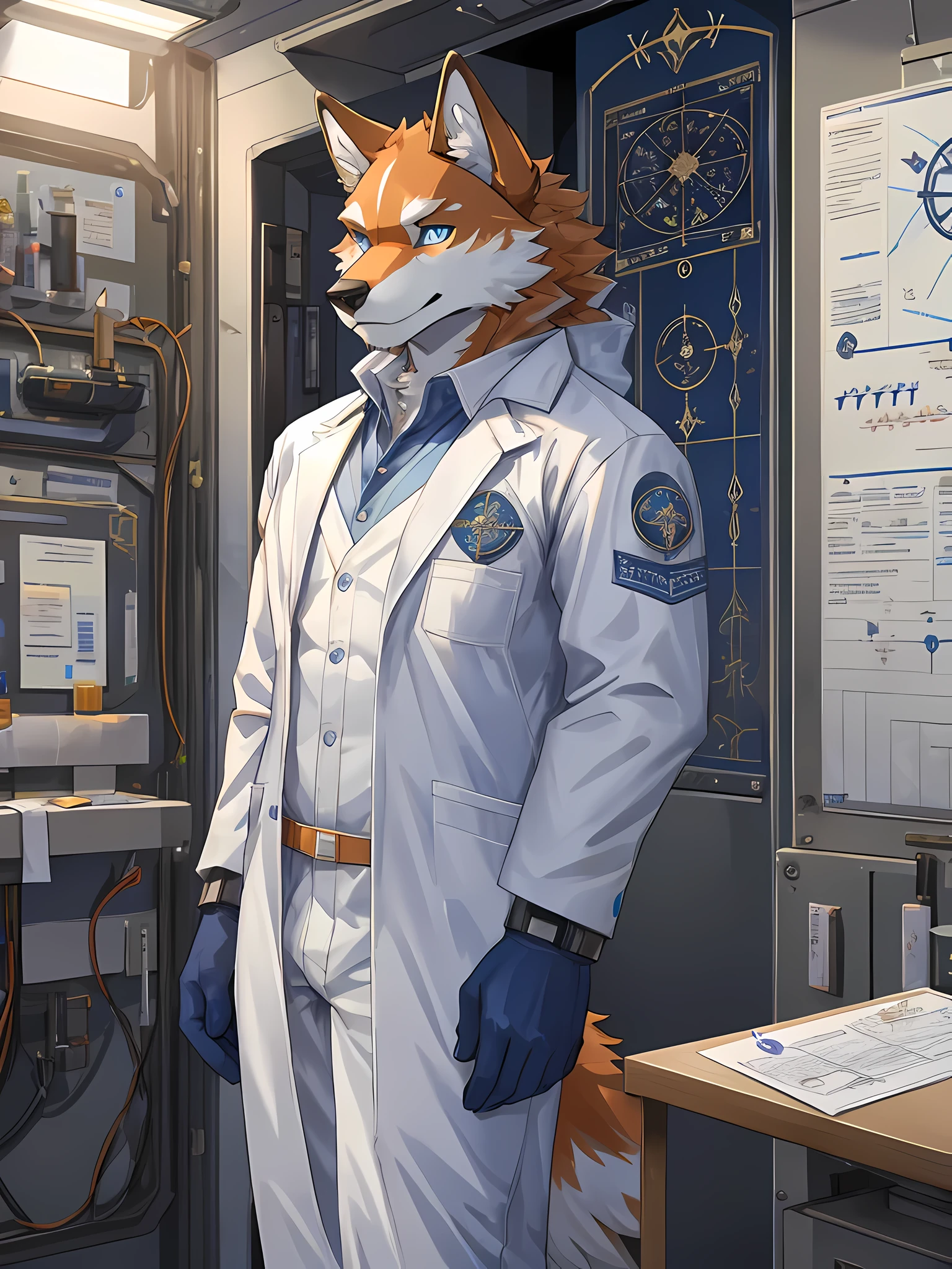 orange fur wolf,Dark blue eyes,Realistic horoscope details,The body is in proportion.,Wear white scientist glue suit 2.0,standing in the laboratory,Looking straight at the bitter person,seductive eyes