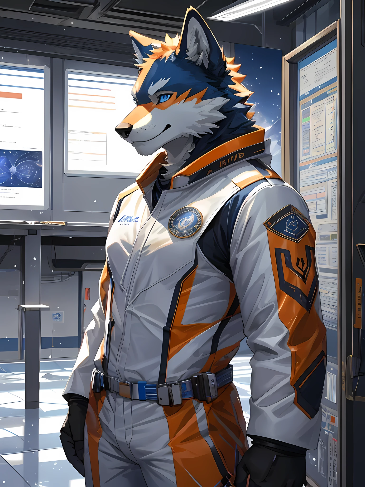 orange fur wolf,Dark blue eyes,Realistic horoscope details,The body is in proportion.,Wear white scientist glue suit 2.0,standing in the laboratory,Looking straight at the bitter person,seductive eyes,Maximum image detail,HDR,8ก