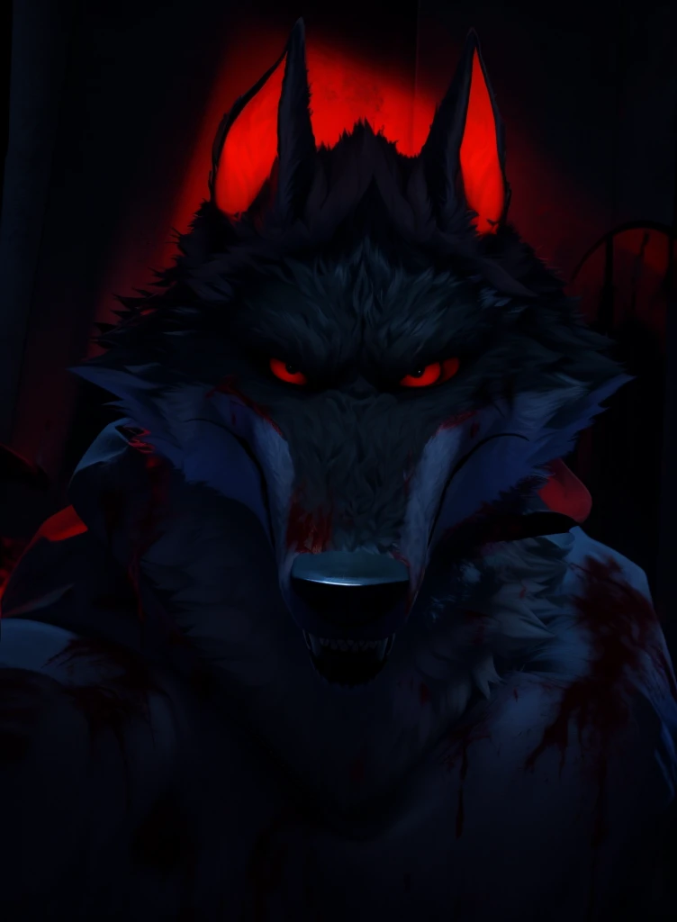 (best quality,highres,masterpiece:1.2),ultra-detailed,physically-based rendering,realistic:1.37,horror,dark atmospheric lighting,Death wolf staring at the viewer's soul,his teeth are dripping with blood,he is inside your room watching you while you sleep,blood-soaked horror movie+