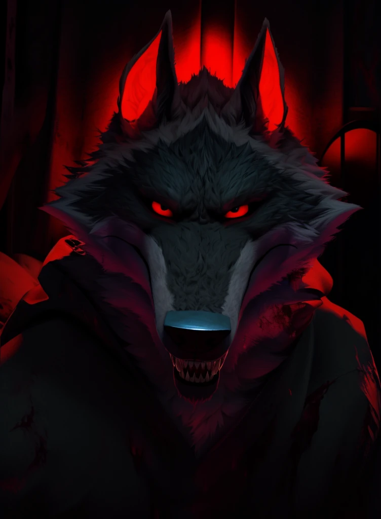 (best quality,highres,masterpiece:1.2),ultra-detailed,physically-based rendering,realistic:1.37,horror,dark atmospheric lighting,Death wolf staring at the viewer's soul,his teeth are dripping with blood,he is inside your room watching you while you sleep,blood-soaked horror movie+