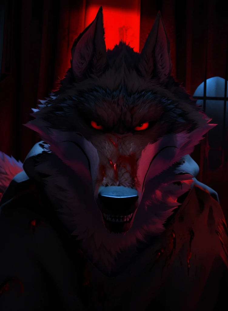 (best quality,highres,masterpiece:1.2),ultra-detailed,physically-based rendering,realistic:1.37,horror,dark atmospheric lighting,Death wolf staring at the viewer's soul,his teeth are dripping with blood,he is inside your room watching you while you sleep,blood-soaked horror movie+