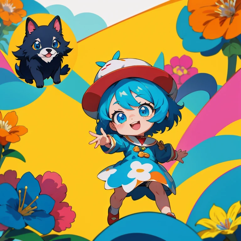 Collie or Border Collie puppy ,A puppy wearing a cute dress and cute hat with floral details、 arte oficial, , Sobre, retrato estilo anime, estilo de arte anime moe, estilo anime 2d, estilo de arte fofo, anime estilizado, estilo de arte de anime, estilo anime. 8k, estilo anime 4k, estilo de arte de anime, Arte digital de anime!!、Filhote de cachorro branco、fofo、branca、vigoroso、Um sorriso encantador、apenas Filhote de cachorro nas imagens、Levante as patas dianteiras、Filhote de cachorro deformado、dynamic poses、((obra-prima))、(((maximum quality))、Chibi Chara、a fundo flores e plantas no Estilo urbam jungle. Highly colorful and fun Artpop-style scenery