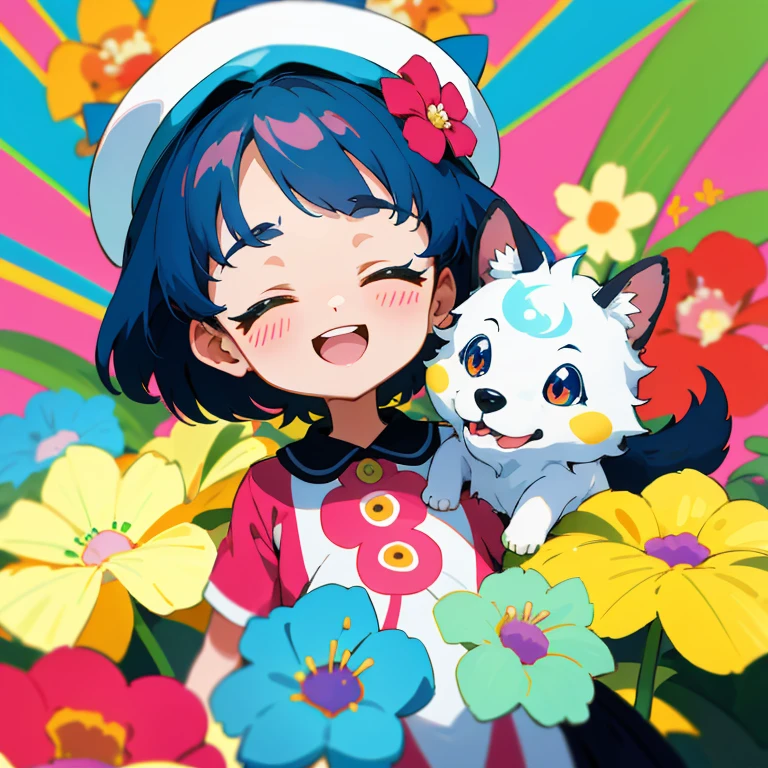 Collie or Border Collie puppy ,A puppy wearing a cute dress and cute hat with floral details、 arte oficial, , Sobre, retrato estilo anime, estilo de arte anime moe, estilo anime 2d, estilo de arte fofo, anime estilizado, estilo de arte de anime, estilo anime. 8k, estilo anime 4k, estilo de arte de anime, Arte digital de anime!!、Filhote de cachorro branco、fofo、branca、vigoroso、Um sorriso encantador、apenas Filhote de cachorro nas imagens、Levante as patas dianteiras、Filhote de cachorro deformado、dynamic poses、((obra-prima))、(((maximum quality))、Chibi Chara、a fundo flores e plantas no Estilo urbam jungle. Highly colorful and fun Artpop-style scenery