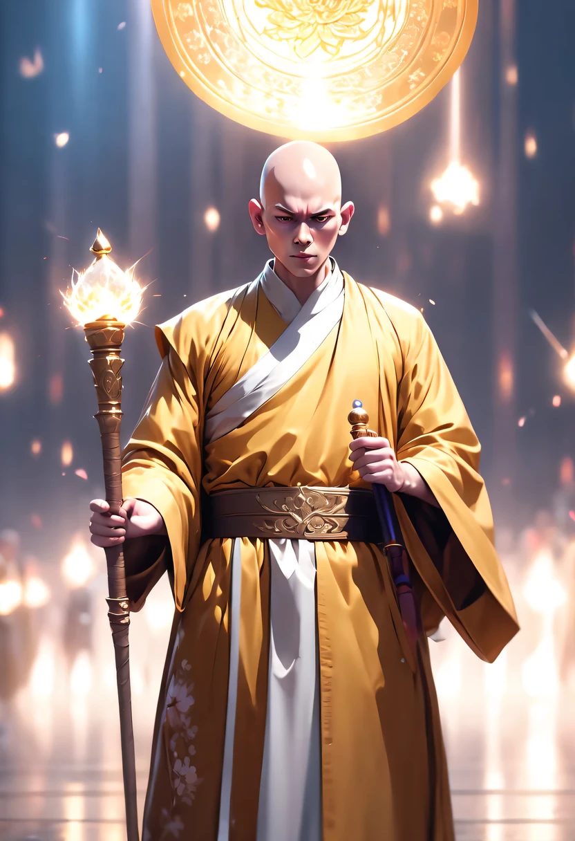 Full body oriental monk, (calm face:1.3), (Wearing traditional monk robes:1.1), (Baldness:1.5), (Looks calm:0.6), (Everlasting:1.1), (look at the audience:1.3), (Holding a gorgeous scepter:1.2), clean background, Chaotic complex background, Flare lens, glowing lotus, White petals, lightning, 4K, super detailed, Surrealism, human development report+
