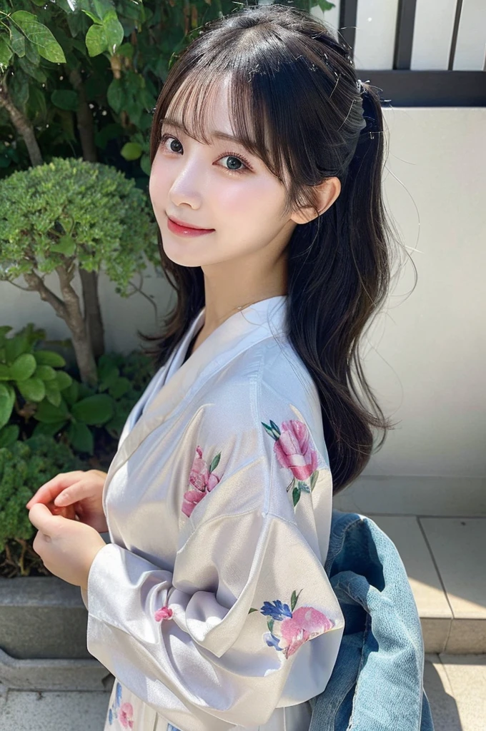 (kimono)、(highest quality,masterpiece:1.3,Super high resolution,),(super detailed,caustics),(Photoreal:1.4,RAW shooting,)ultra-realistic capture,very detailed,High resolution 16K human skin close-up。 Natural skin texture、,The pores are、、Must be detailed enough to be easily identified。 Skin should look even-toned and healthy。 Use natural light and color,1 girl,Japanese,23 years old,cute,black haired,middle hair,,smile,turn the body forward,(Front view:1.2),,(、tear bag、solid bangs、best quality、Super high resolution、Depth of bounds written、chromatic aberration、、wide range of lighting、natural shading、)、