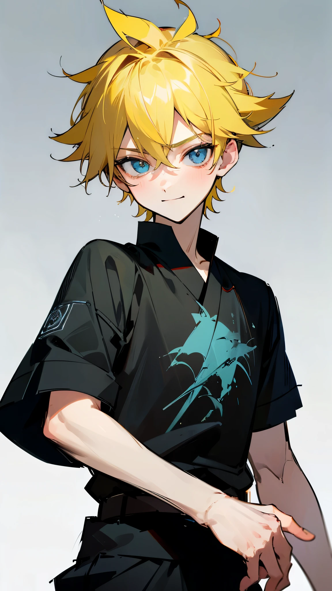 highres,wallpaper,solo,**********,1 boy,original,illustration,blue eyes,yellow hair,masterpiece,male,male focus,boy, ((masterpiece)),(((best quality))), (high-quality, breathtaking), (expressive eyes, perfect face), 1boy, solo,male,smirk,shorts,black t-shirt :1.1,shorts,少年，(胯部隆起:1.2)，街景，建筑，街,shota,cute