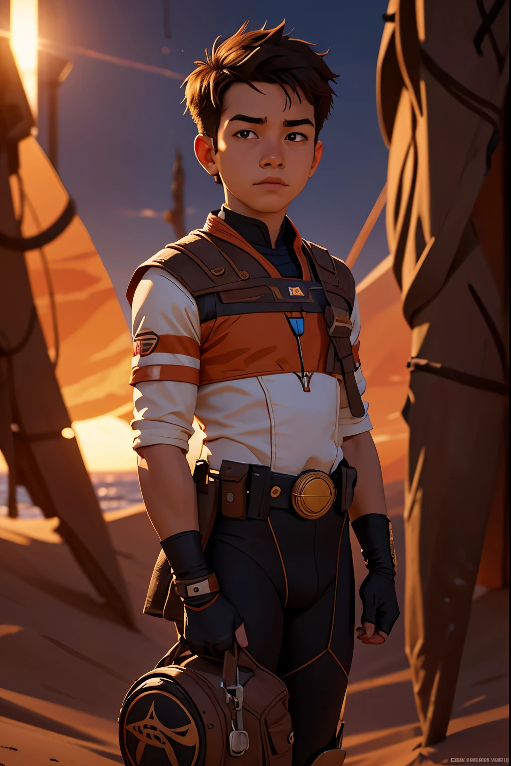 Change this boy background to a dune sunset professional product photography