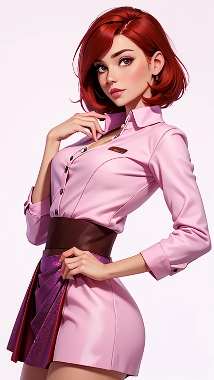 a beautiful woman, 32 years old, short red hair, shimmering brown eyes, with , with a purple and pink blaser, skirt, and white background, intricate details,