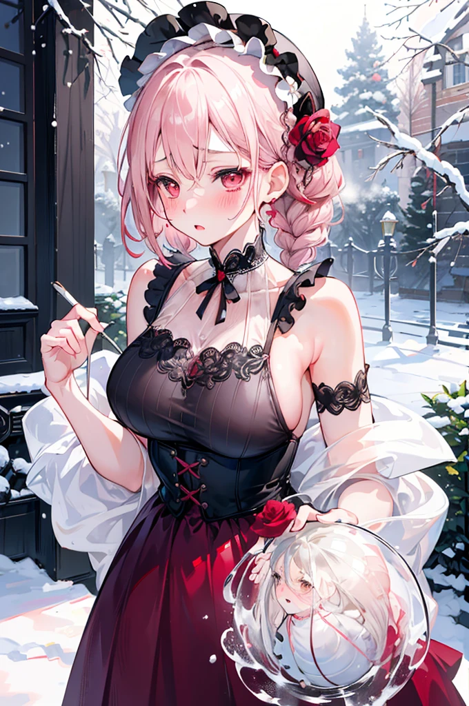 perfect human body,girl, mature female, mature, Beautiful wife,milf, long hair, french braid, side braid, Big, etc,blush, lipstick,(Very detailed background、snow,rose Garden), clavicle,(ultrashort)ta skirt,translucent,((woman with fever)), ((steam)), huge ,((The expression of color)), (blush:1.2),