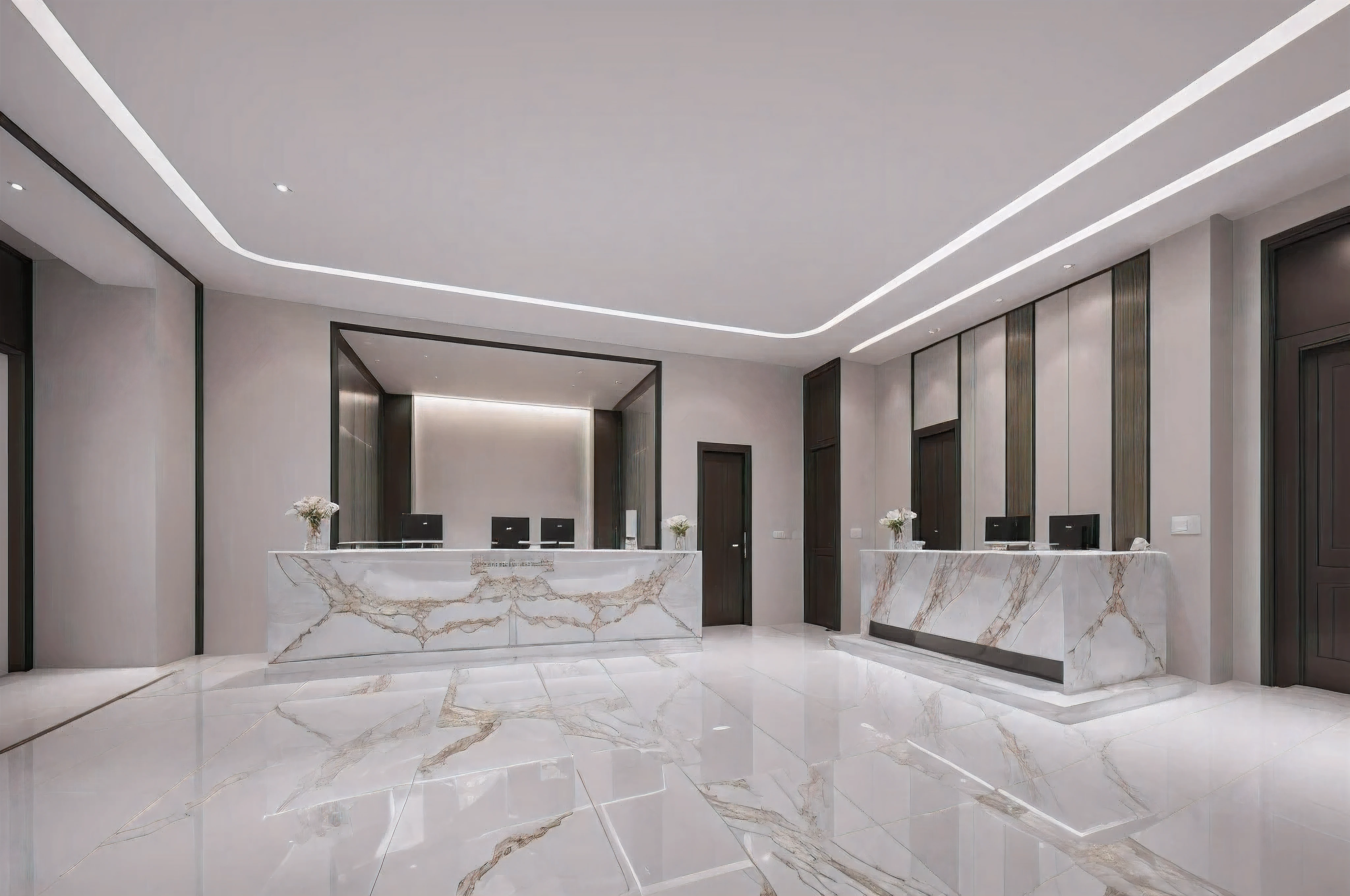 best quality, masterpiece, Interior design, morden minimalism, marble table, ((( bank Reception interior)), indoor