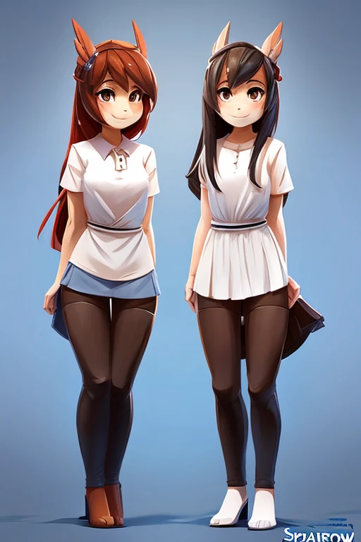 (((by sparroow:1.5))),2 females,mature mother AND little daughter,stand side by side,from below:0.5,full body view,(((Simple backgroud))),