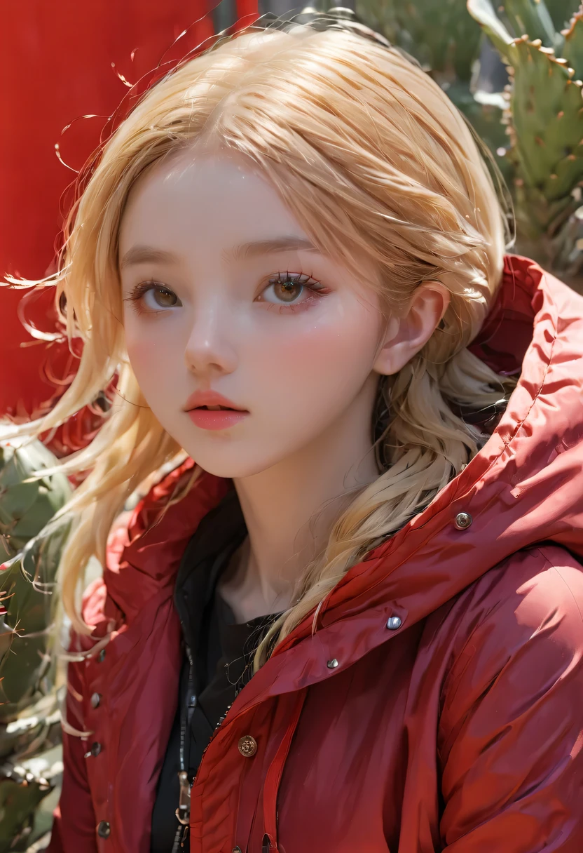 ((sand漠, sand, sand丘, 屈Light效果, sun)), (masterpiece, best quality), (1 girl), (alone), ((portrait)), perfect face, ((Heterochromia, blonde and purple hair, ((Red long parka)), Gothic unnecessary belts are everywhere, There is a mole under the eye)), the background is a beautiful sand漠 with cactus, tumbleweeds, Light, sunny day, 戏剧性的灯Light, Super detailed, 8k, watercolor, Slim, beautifully (Gothic lace, Gothic rose, goth aesthetic)