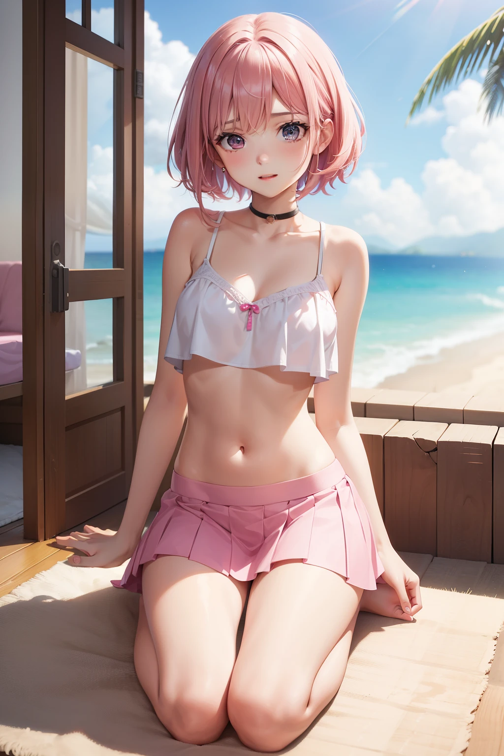 pure beauty，cute，beautiful girl，，short skirt，barefoot，pink hair，Short top，Shout emojis，Show belly button，breast，shy，stand，bare shoulders