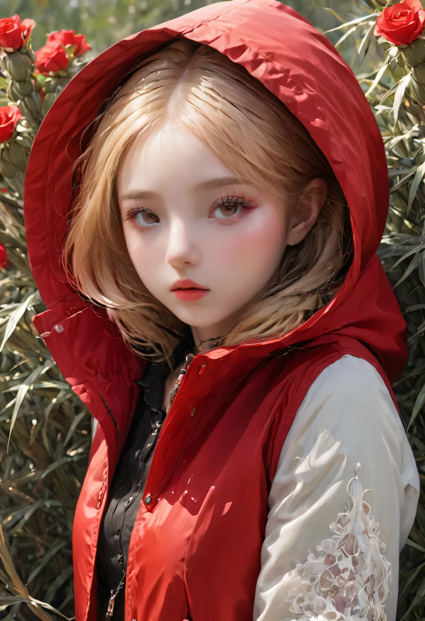 ((sand漠, sand, sand丘, 屈Light效果, sun)), (masterpiece, best quality), (1 girl), (alone), ((portrait)), perfect face, ((Heterochromia, blonde and purple hair, ((Red long parka)), Gothic unnecessary belts are everywhere, There is a mole under the eye)), the background is a beautiful sand漠 with cactus, tumbleweeds, Light, sunny day, 戏剧性的灯Light, Super detailed, 8k, watercolor, Slim, beautifully (Gothic lace, Gothic rose, goth aesthetic)